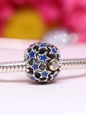 Pandora Night Sky Charm with 14K Gold & Crystal Retired 791371CZ+ BOX